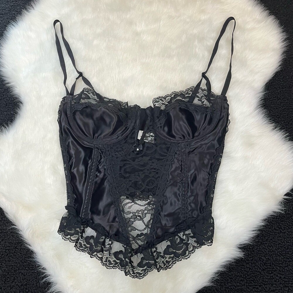 Fredericks Of Hollywood Corset Womens 36 Vintage Satin Sheer Lace Goth Bustier